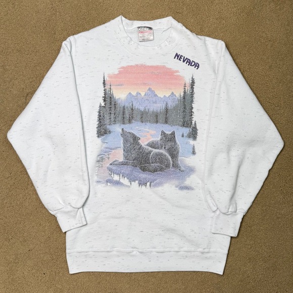 Oneita Other - Vintage Nevada Wolf Sweatshirt Mens Small White 90s Nature Graphic Oneita 1990